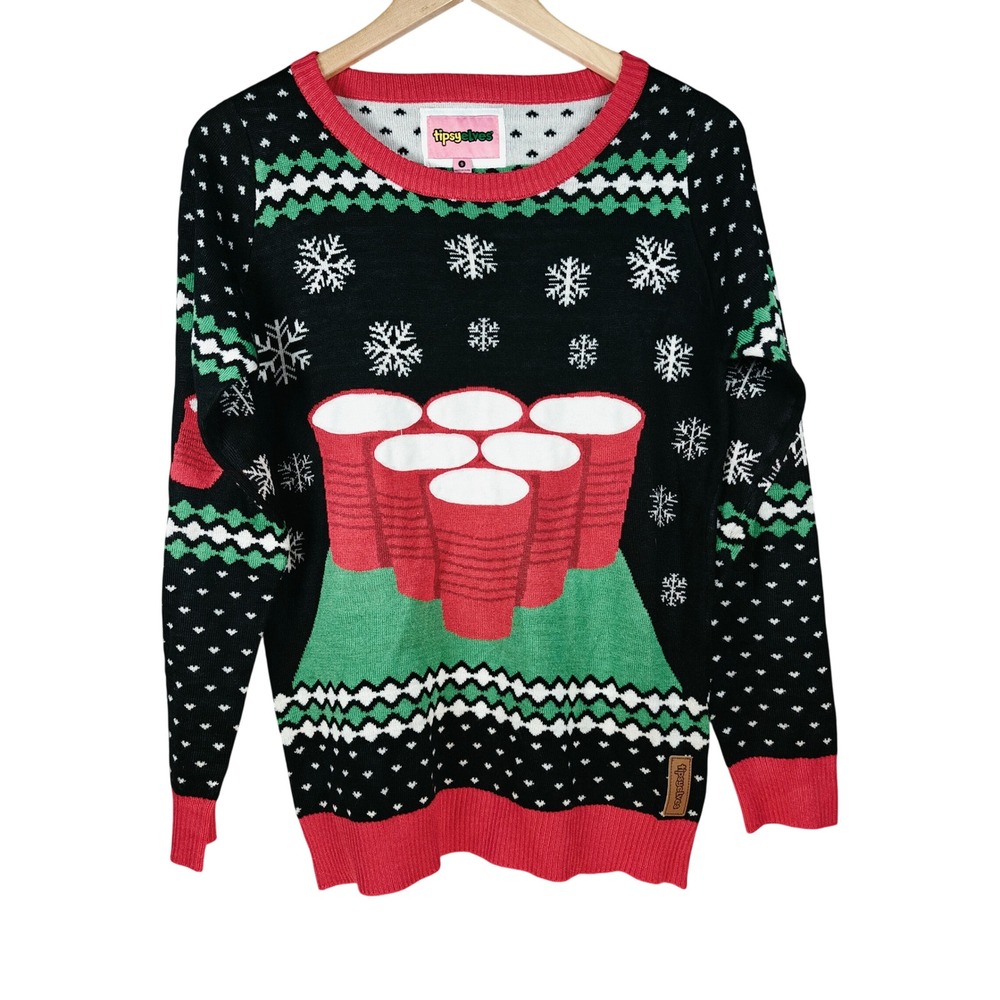Tipsy Elves Beer Pong Ugly Christmas Sweater‎ Black Red Mens Small